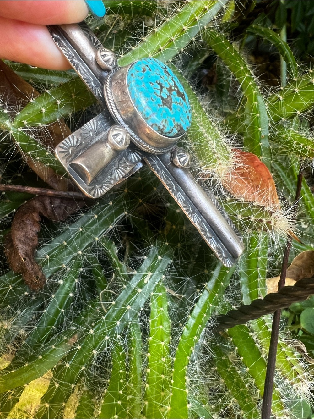 Sandra Nez Navajo Kingman Turquoise Sterling Silver Cross Ring Size 10 - Picture 7 of 15